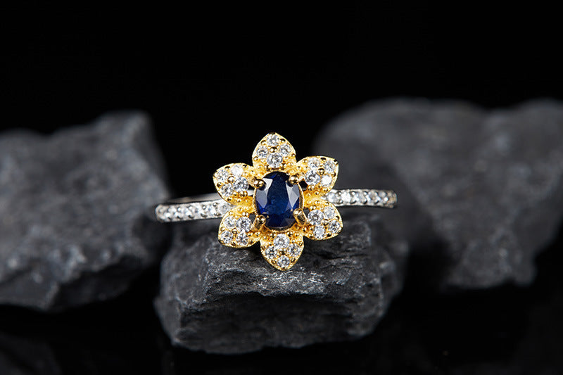 Colored Gems Jewelry S925 Sterling Silver Inlaid Natural Sapphire Ring