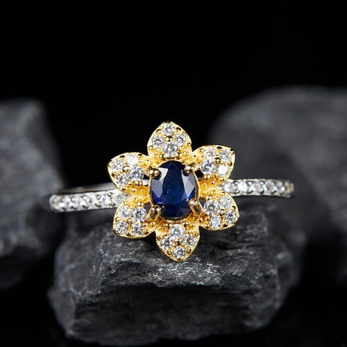 Colored Gems Jewelry S925 Sterling Silver Inlaid Natural Sapphire Ring